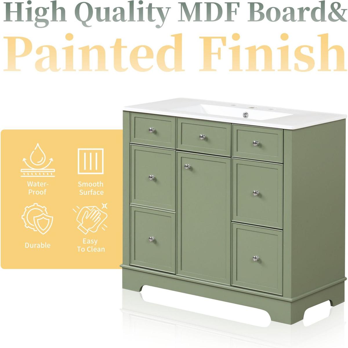 36" Bathroom Vanity with Sink, One Cabinet with Three drawers and One Flip Drawer, Solid Wood and MDF Board, Green