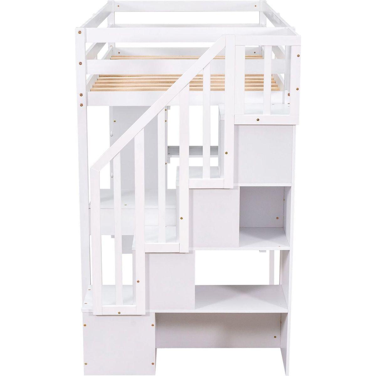 Twin size Loft Bed with Storage Drawers, Desk and Stairs, Wooden Loft Bed with Shelves - White