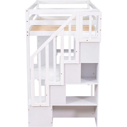 Twin size Loft Bed with Storage Drawers, Desk and Stairs, Wooden Loft Bed with Shelves - White