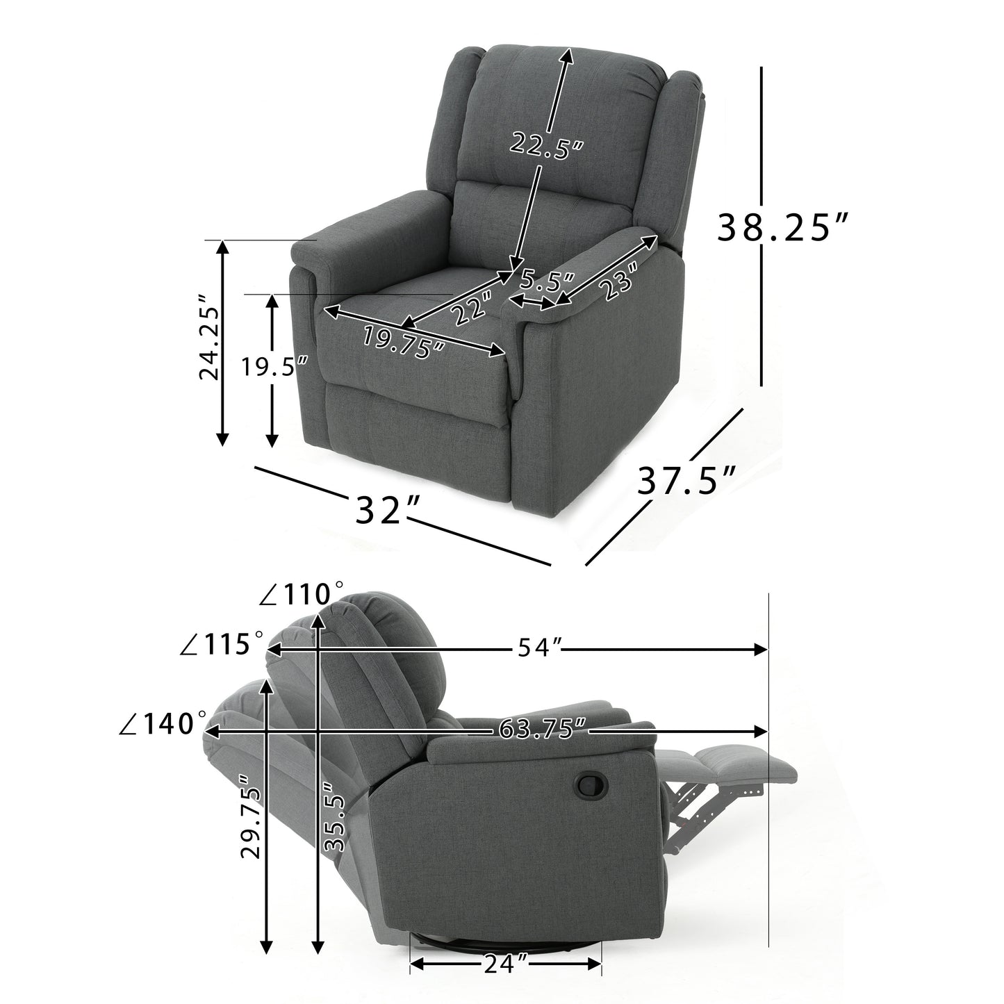 Charcoal Fabric Glider Recliner with Swivel, Manual Reclining Chair