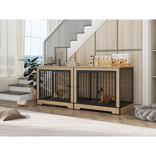 Dog Crate Furniture with Two Combined Room, XL Large Double Dog Cage Furniture with Tray for Medium Large Dogs, Wooden Dog Kennel Furniture