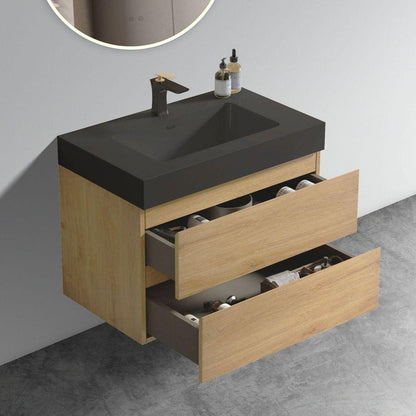 U091-Alice30W-106 Alice 30" Natural Oak Bathroom Vanity with Sink, Large Storage Wall Mounted Floating Bathroom Vanity for Modern Bathroom, One-Piece Black Sink Basin WITHOUT Drain, Pre-assembled