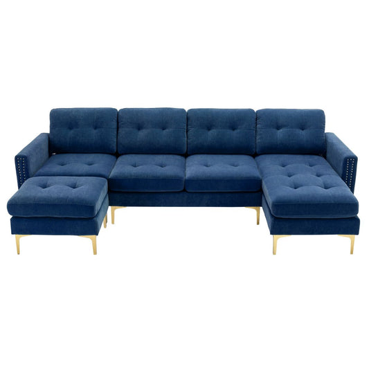 Elegant Convertible L-Shape Sectional Sofa Couch with Movable Ottoman, Velvet Upholstery, Blue