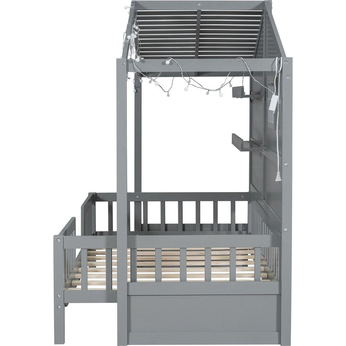 Twin Size House Bed with Shelves, House Bed with Window and Sparkling Light Strip on the Roof, Gray