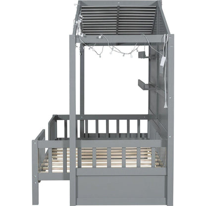 Twin Size House Bed with Shelves, House Bed with Window and Sparkling Light Strip on the Roof, Gray
