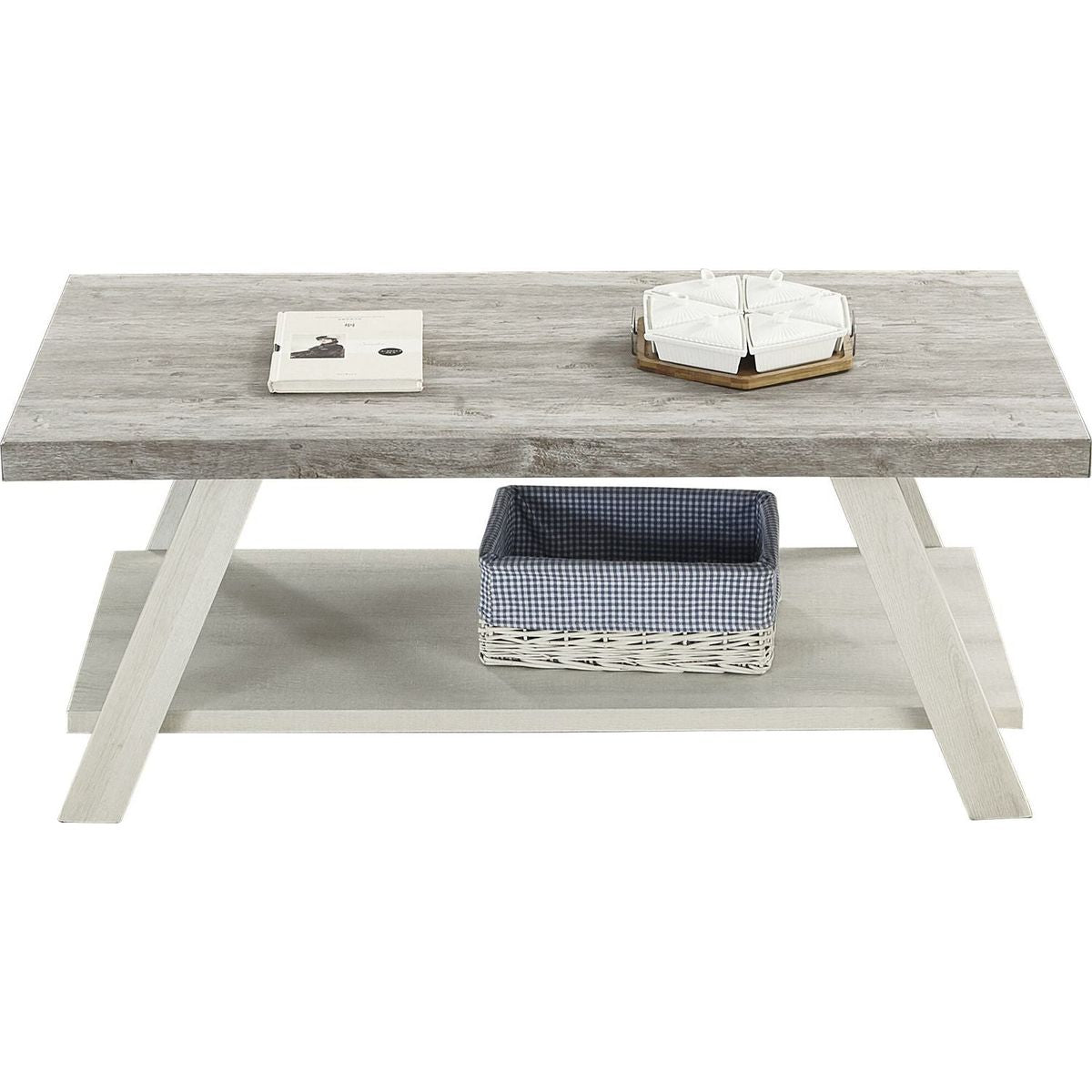 Athens Contemporary Two-Tone Wood Shelf Coffee Table in Weathered Gray and Beige