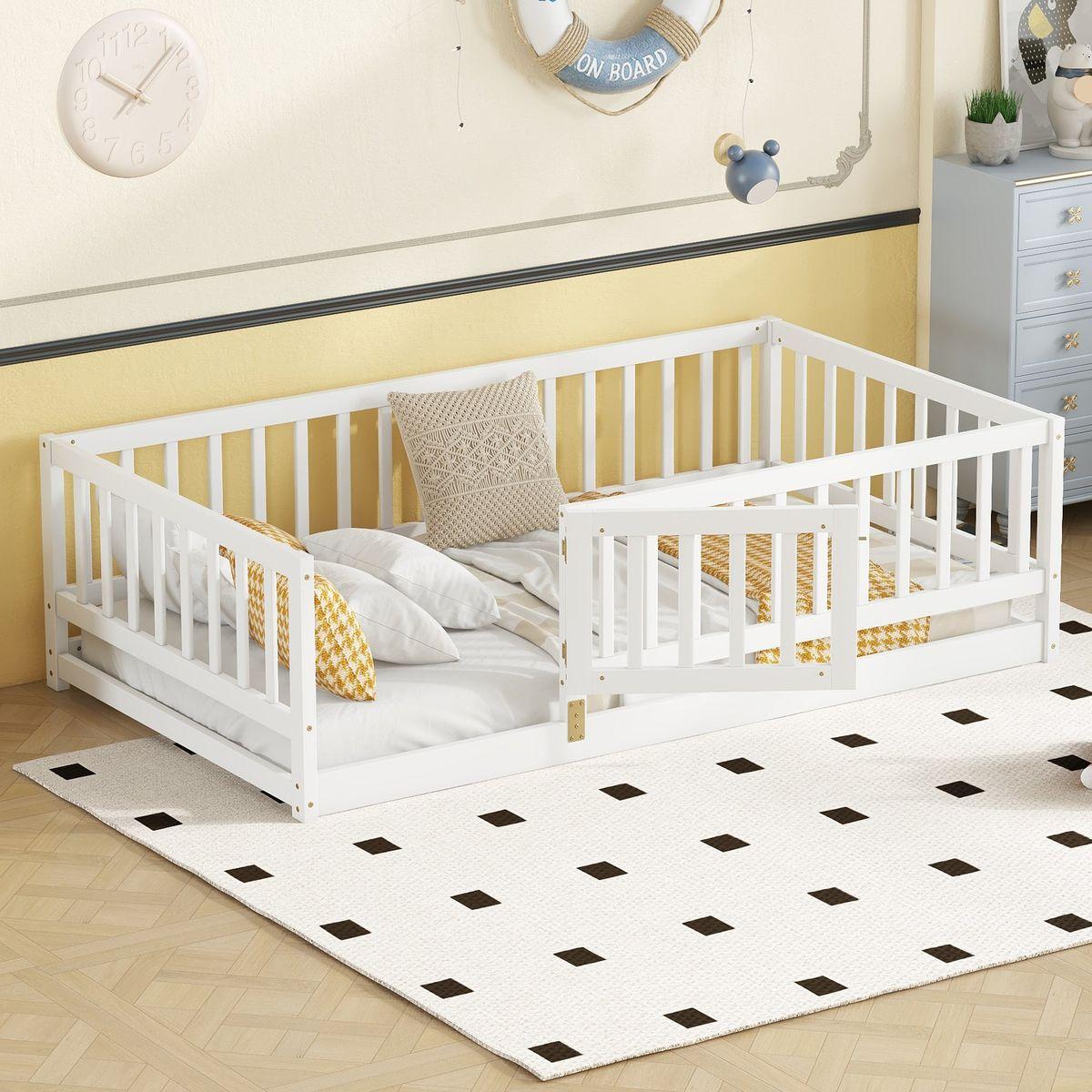 Twin Size Floor Bed, Montessori Floor Bed with Fence and Door, Kids Montessori Bed Twin Size, Wood Montessori Floor Bed for Kids, Girls, Boys(Twin White)