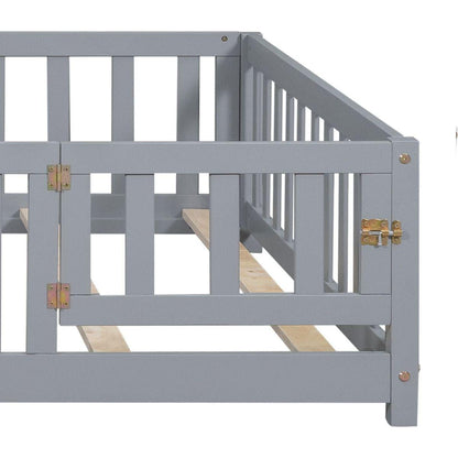 Full Size Floor Platform Bed with Fence and Door for Kids, Montessori Floor Bed Frame with Support Slats for Toddlers, Wooden Floor Bed Grey