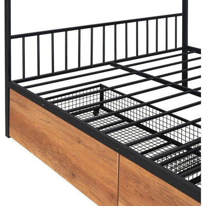 Full Size Metal House Bed with Two Drawers, Black
