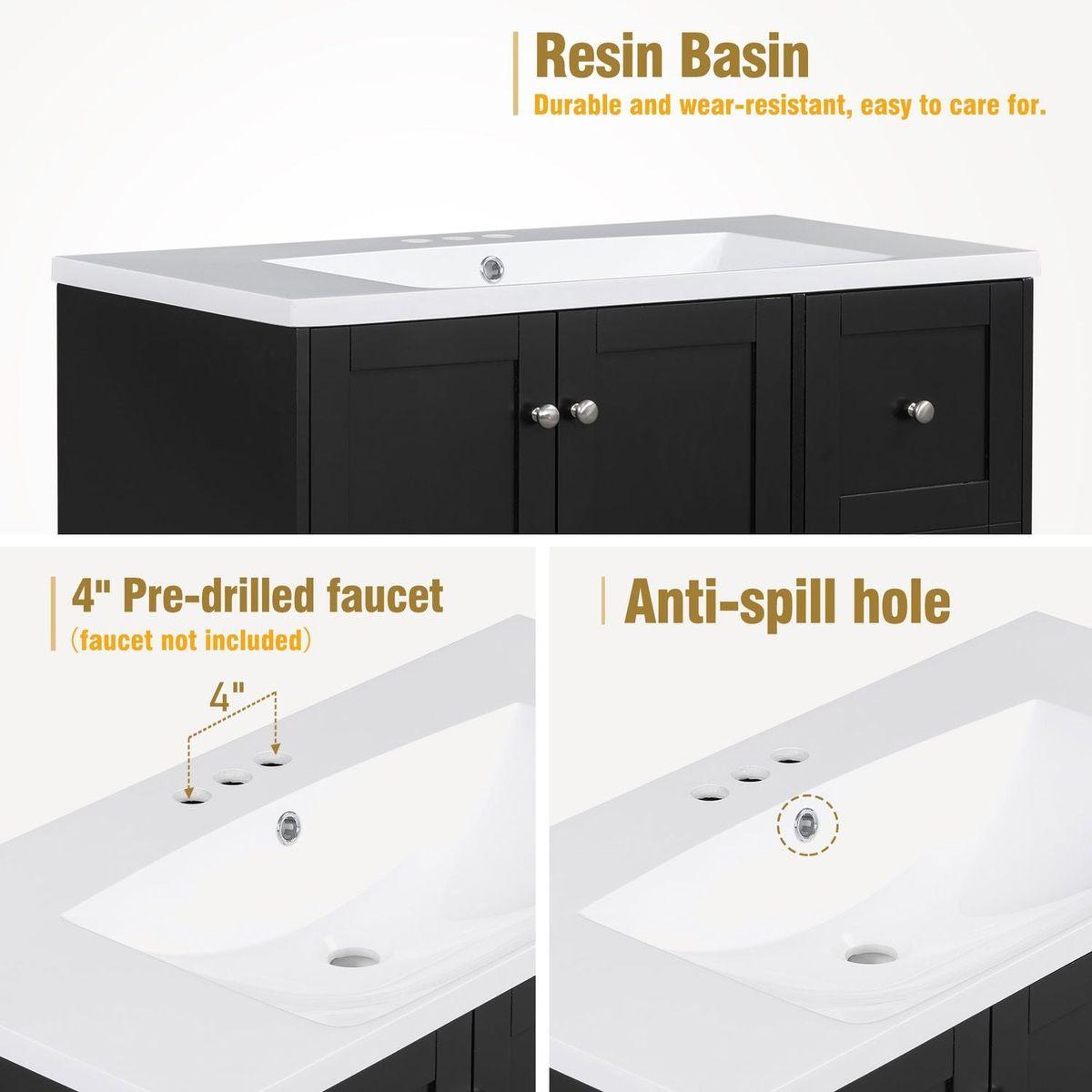 36 Inch Modern Bathroom Vanity with USB Charging, Two Doors and Three Drawers Bathroom Storage Vanity Cabinet, Small Bathroom Vanity cabinet with single sink, Black - Faucets Not Included