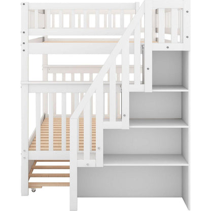 Full over Full Bunk Bed with Trundle and Staircase,White