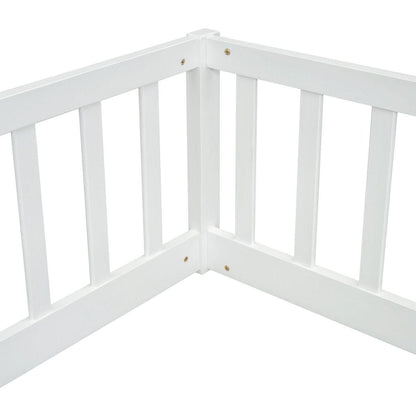 Double Twin Floor Bed with Fence, Guardrails, without door, White