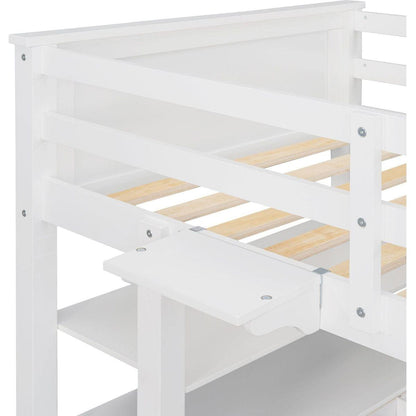 Twin size Loft Bed with Drawers and Desk, Wooden Loft Bed with Shelves - White