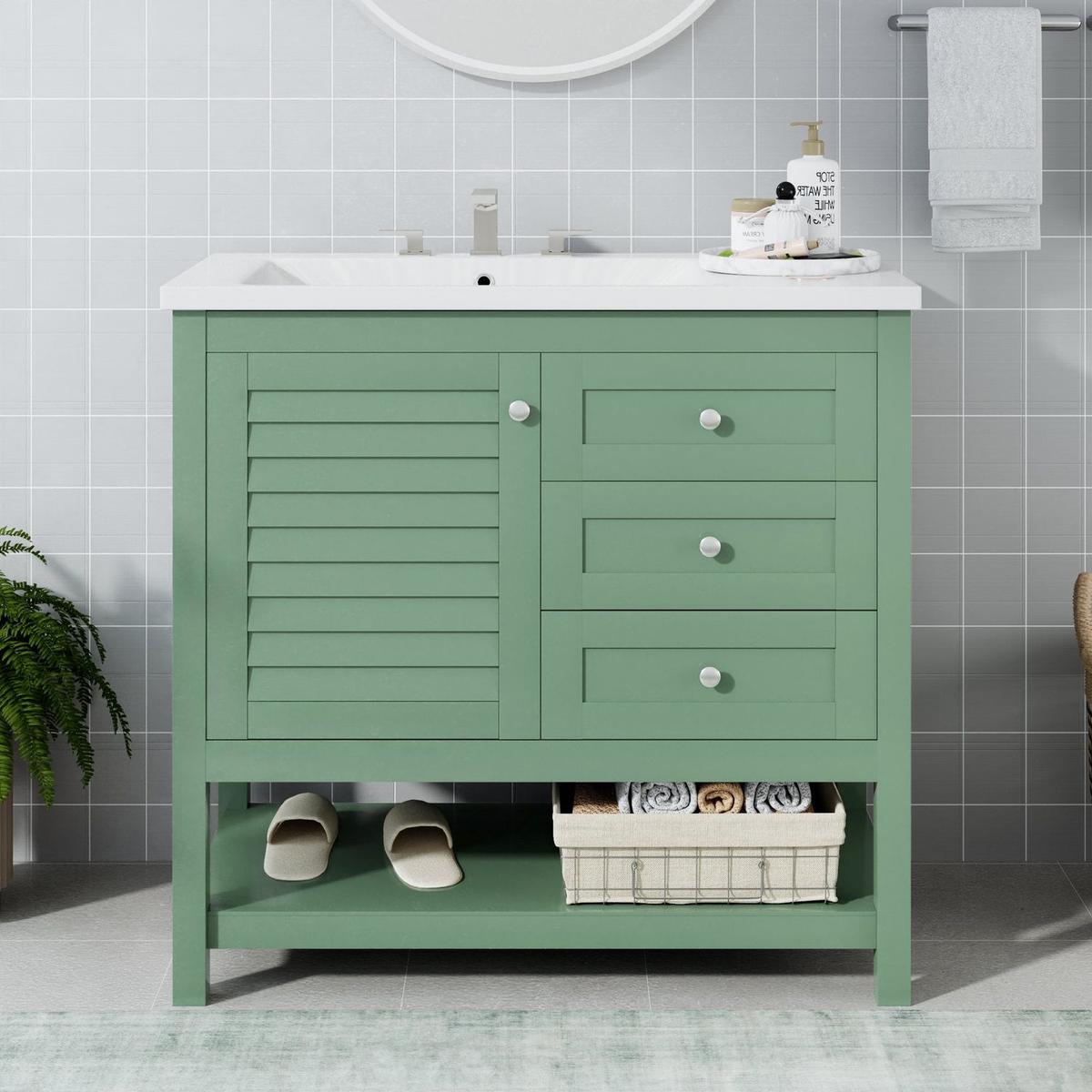 36" Bathroom Vanity with Undermount Sink, Free Standing Vanity Set with 2 Drawers& Soft Closing Doors, Bathroom Storage Cabinet with Solid Wood Feet, Green