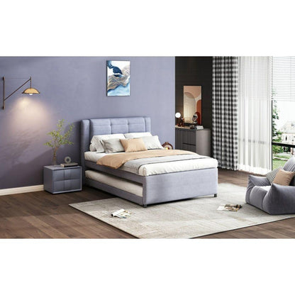 Full Size Upholstery platform bed with Trundle,Trundle can be flat or erected, Gray