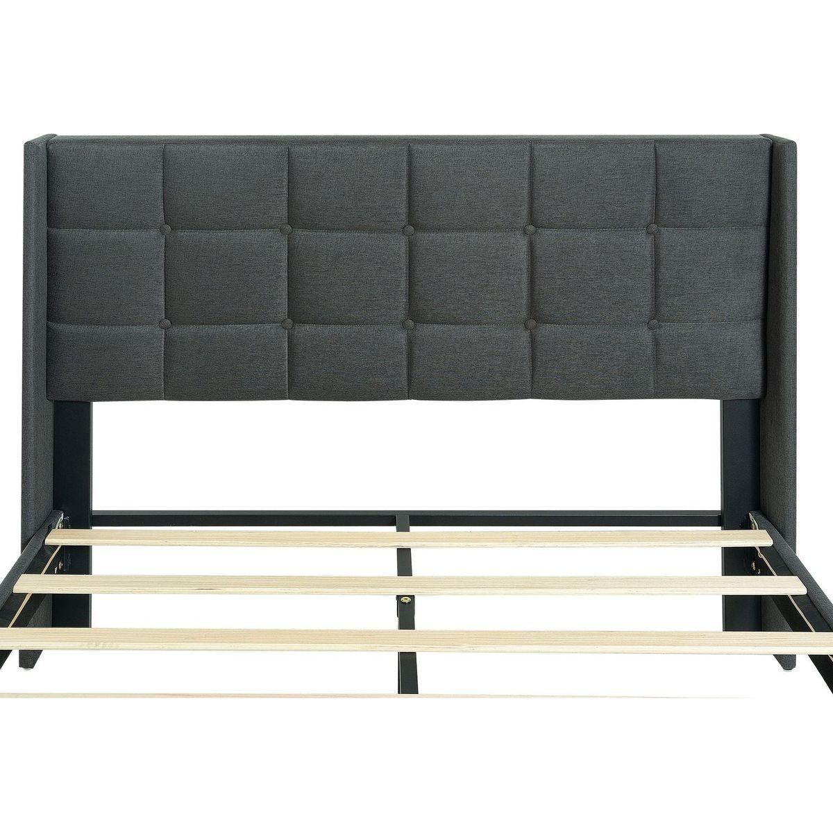 Queen Size Upholstered Platform Bed Frame with Modern Button Tufted Linen Fabric Headboard, No Box Spring Needed, Wood Slat Support, Easy Assembly, Drak Grey