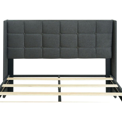 Queen Size Upholstered Platform Bed Frame with Modern Button Tufted Linen Fabric Headboard, No Box Spring Needed, Wood Slat Support, Easy Assembly, Drak Grey