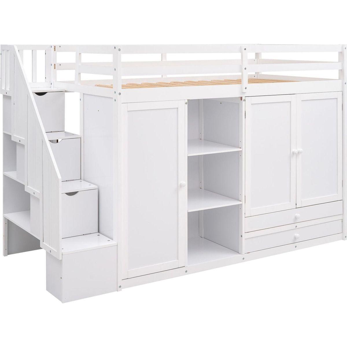 Functional Loft Bed with 3 Shelves, 2 Wardrobes and 2 Drawers, Ladder with Storage, No Box Spring Needed, White