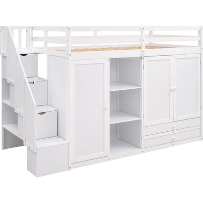 Functional Loft Bed with 3 Shelves, 2 Wardrobes and 2 Drawers, Ladder with Storage, No Box Spring Needed, White