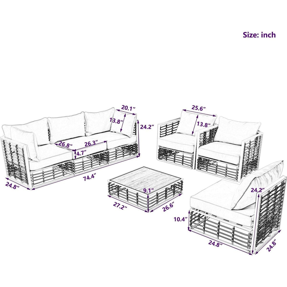 Modern Minimalist 7-Piece Metal Patio Sectional Sofa Set, All-Weather Garden Conversational Furniture Set with Thick Cushions and Coffee Table for Indoor Outdoor, White