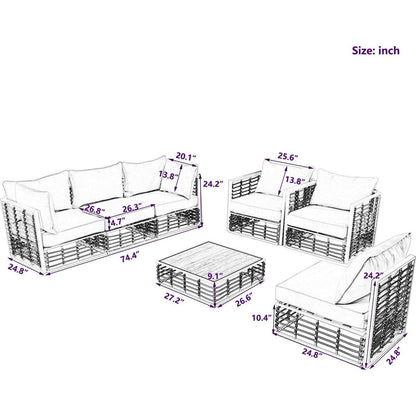Modern Minimalist 7-Piece Metal Patio Sectional Sofa Set, All-Weather Garden Conversational Furniture Set with Thick Cushions and Coffee Table for Indoor Outdoor, White
