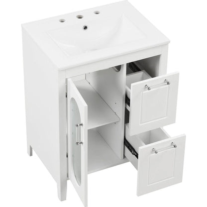 24" Bathroom Vanity with Sink, Bathroom Vanity Cabinet with Two Drawers and Door, Adjustable Shelf, Solid Wood and MDF, White