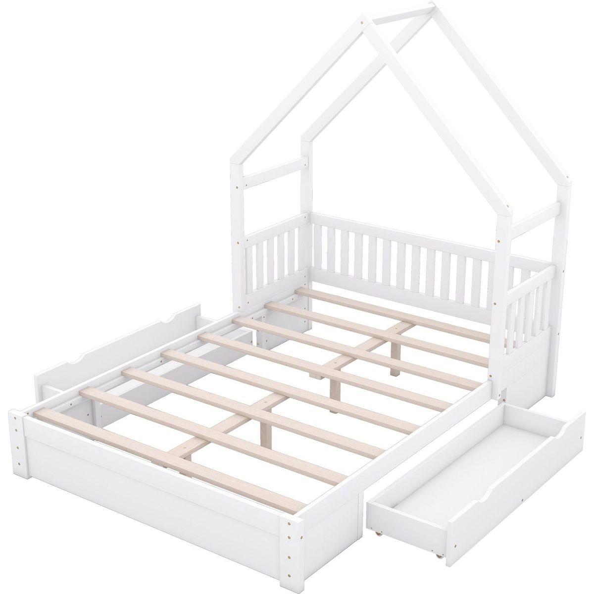 Wood Queen Size House Platform Bed with Guardrail and 2 Drawers, White