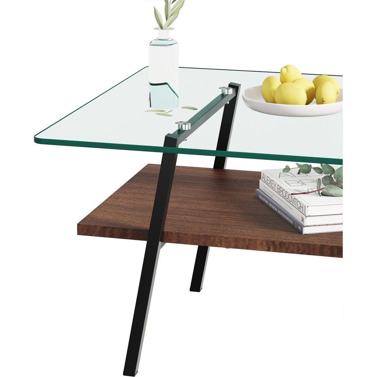 Rectangle Coffee Table, Tempered Glass Tabletop with Black Metal Legs, Modern Table for Living Room, Transparent Glass
