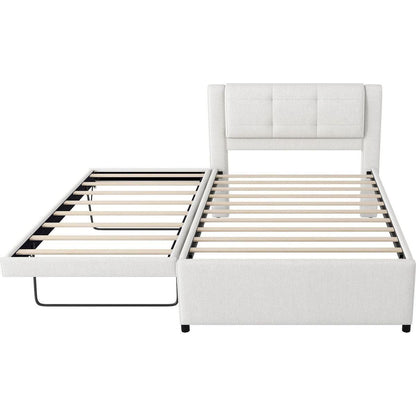 Full Size Upholstery platform bed with Trundle,Trundle can be flat or erected, Beige