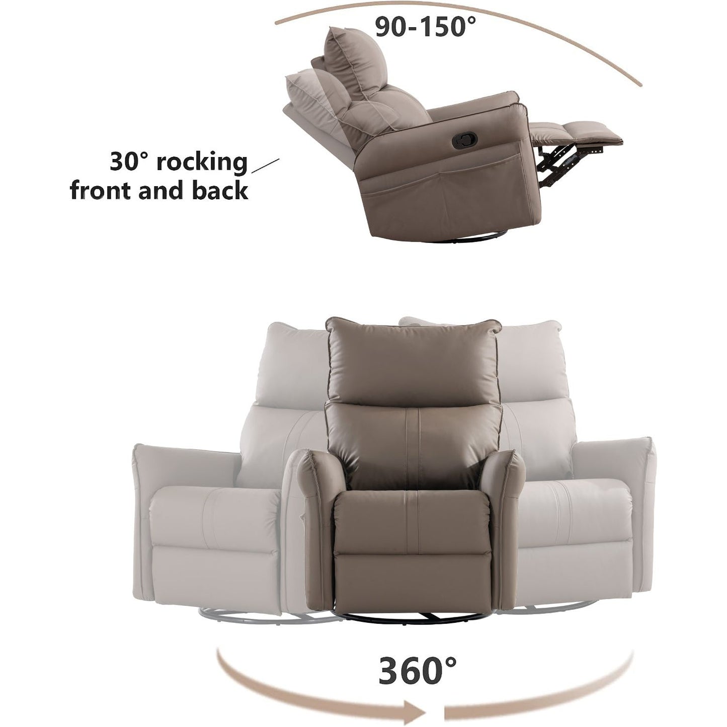 Rocking Recliner Chair,360 Degree Swivel Nursery Rocking Chair,Glider Chair,Modern Small Rocking Swivel Recliner Chair for Bedroom,Living Room Chair Home Theater Seat,Side Pocket(Brown)