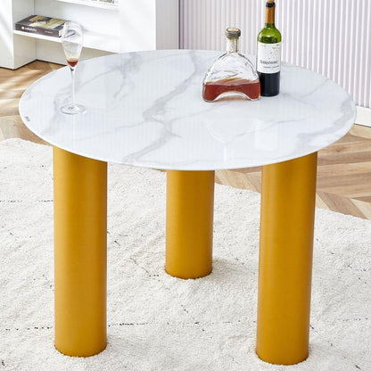 Round white dining table, artificial marble glass stickers, golden MDF legs, kitchen dining table, living room dining table 40 "x 40" x 29.4 "F-X03