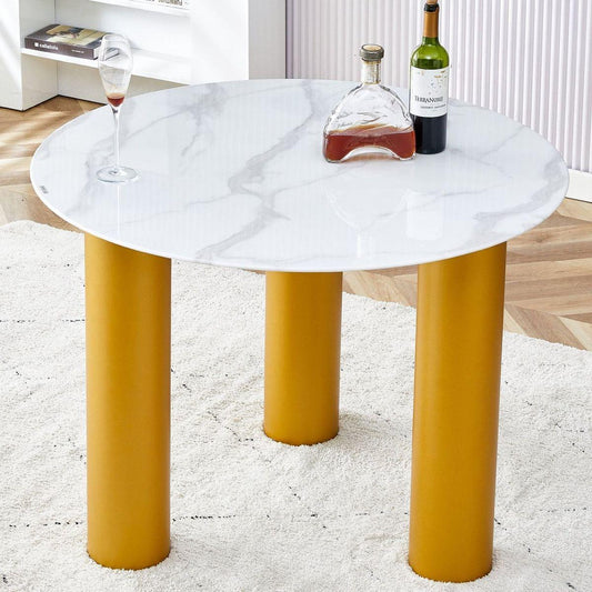 Round white dining table, artificial marble glass stickers, golden MDF legs, kitchen dining table, living room dining table 40 "x 40" x 29.4 "F-X03