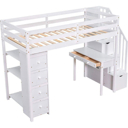 Twin size Loft Bed with Storage Drawers, Desk and Stairs, Wooden Loft Bed with Shelves - White