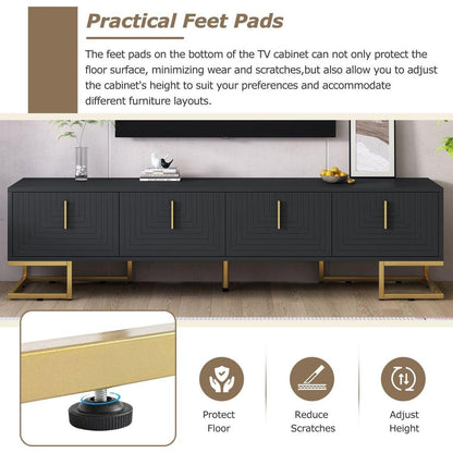 Modern TV Stand with Metal Legs and Gold Handles for TVs Up to 80", Media Console Table with Cabinets and Adjustable Shelves, Luxury TV Cabinet with Geometric Lines for Living Room, Black