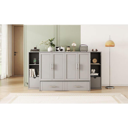 Full Size Murphy Bed with Shelves, Drawers and USB Ports,Gray