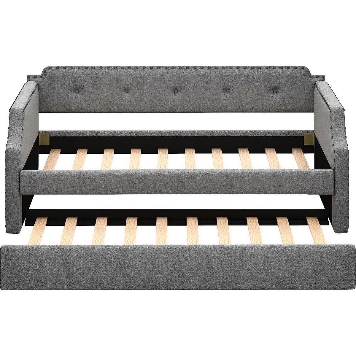 Upholstered Daybed with Trundle, Wood Slat Support,Upholstered Frame Sofa Bed, Twin,Gray