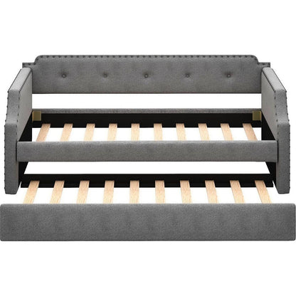 Upholstered Daybed with Trundle, Wood Slat Support,Upholstered Frame Sofa Bed, Twin,Gray