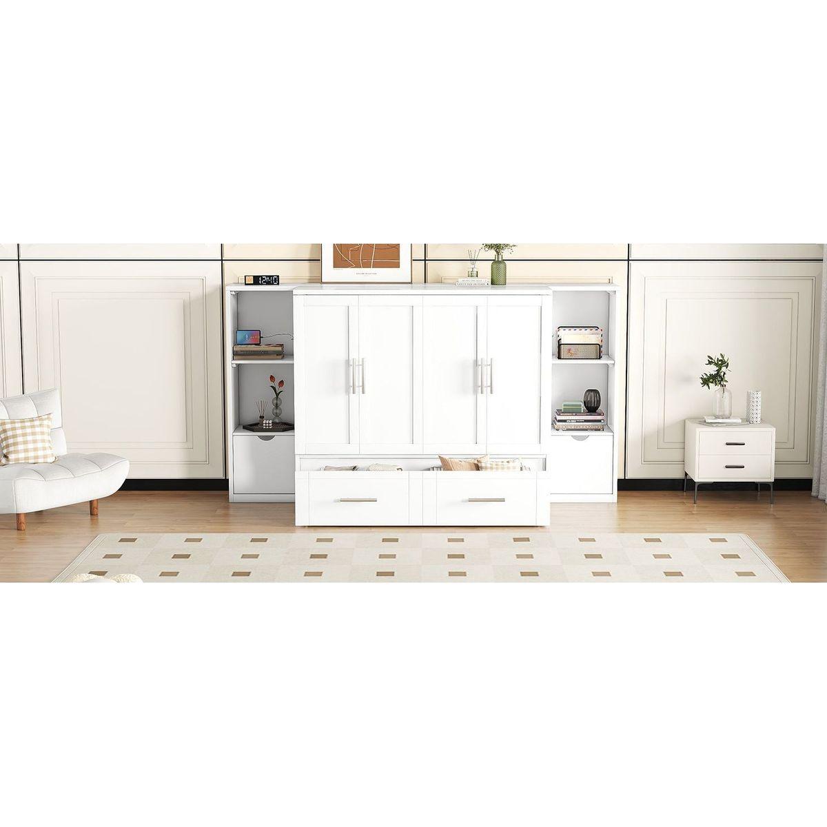 Queen Size Murphy Bed with Shelves, Drawers and USB Ports,White