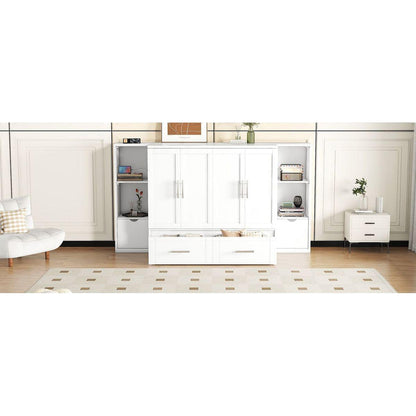 Queen Size Murphy Bed with Shelves, Drawers and USB Ports,White