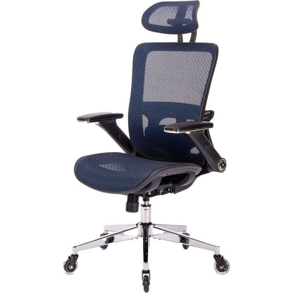 BLUE Ergonomic Mesh Office Chair, High Back - Adjustable Headrest with Flip-Up Arms, Tilt and lock Function, Lumbar Support and blade Wheels, KD chrome metal legs