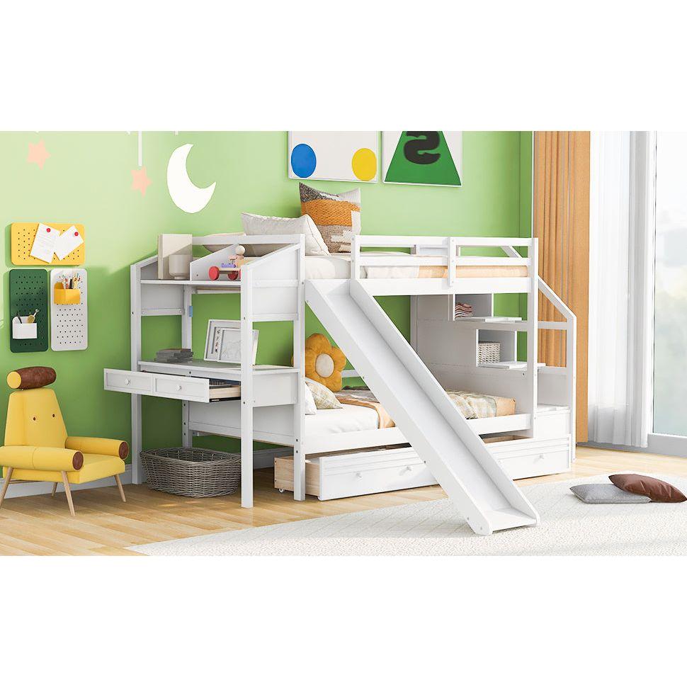 Twin over Twin Bunk Bed with Storage Staircase, Slide and Drawers, Desk with Drawers and Shelves, White