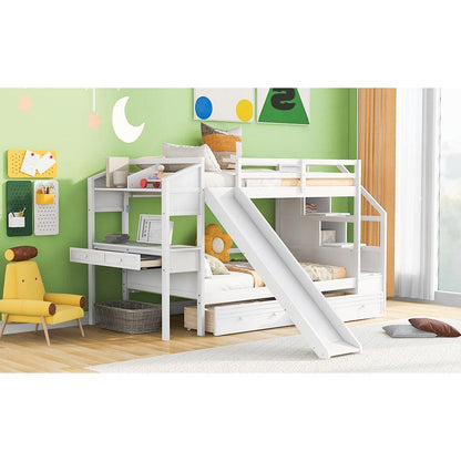 Twin over Twin Bunk Bed with Storage Staircase, Slide and Drawers, Desk with Drawers and Shelves, White