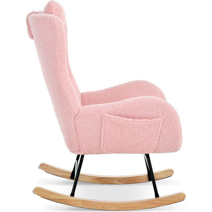 Rocking Chair Nursery, Teddy Upholstered Rocker Glider Chair with High Backrest, Adjustable Headrest & Pocket, Comfy Glider Chair for Nursery, Bedroom, Living Room, Offices, Rubber wood, pink