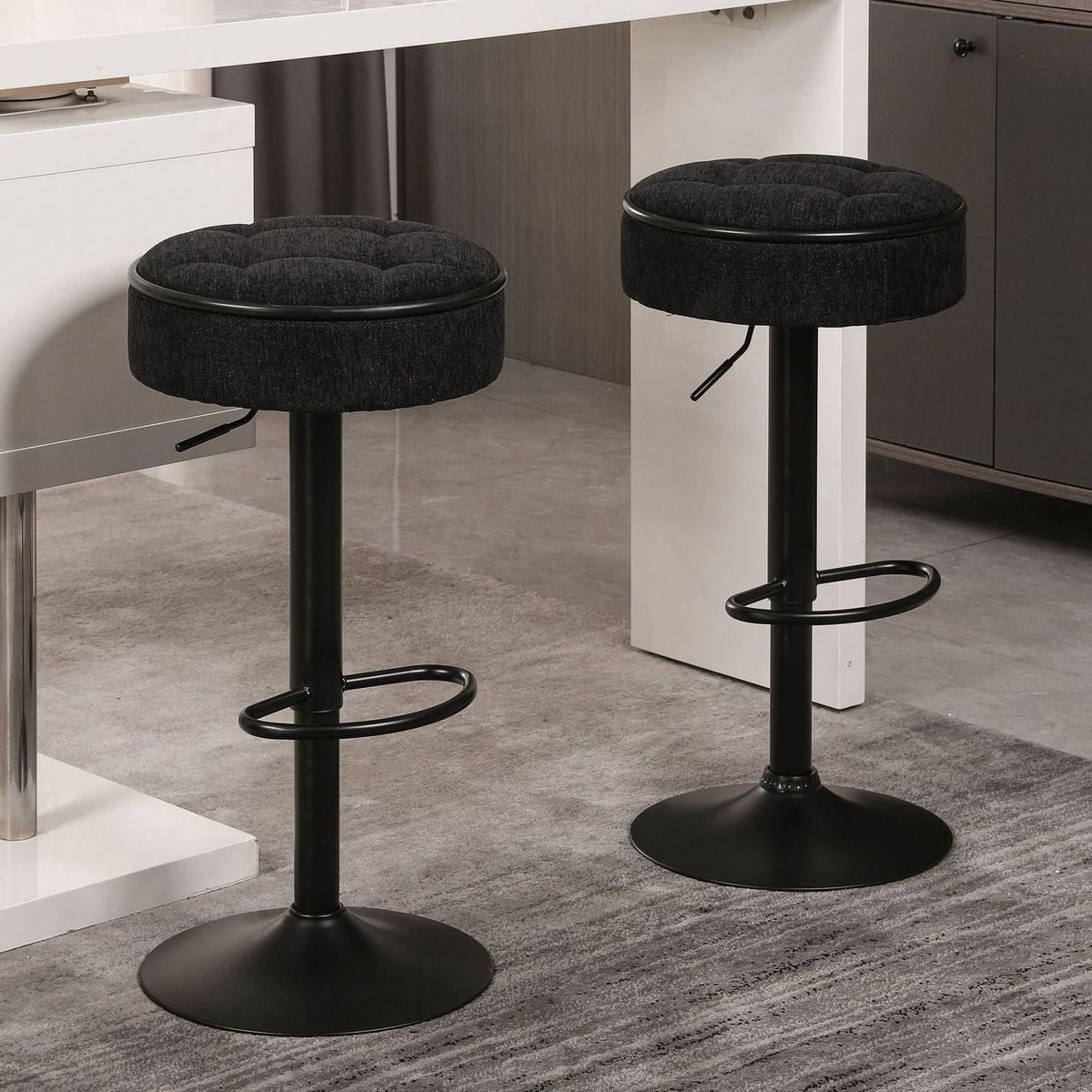 Round Storage Bar Stool Set of 2, Black Linen Height Adjustable Barstool, 360Counter Height Swivel Stool, Armless Bar Chair with Metal Frame for Kitchen Counter Dining Living Room