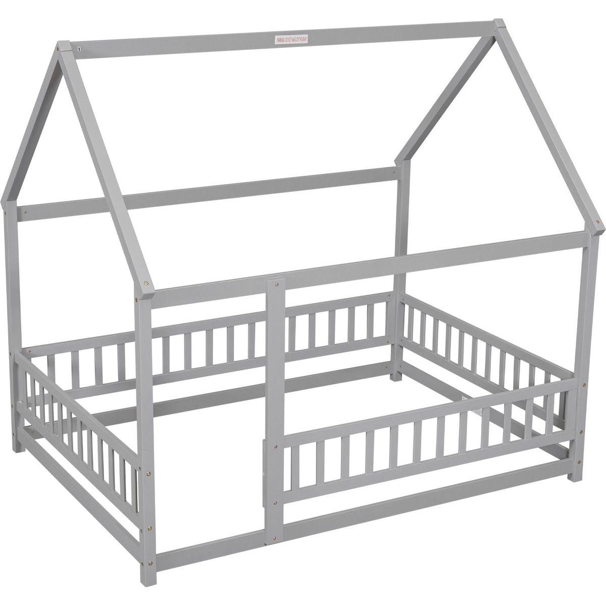 Full Size Floor Wooden Bed with House Roof Frame, Fence Guardrails, Grey