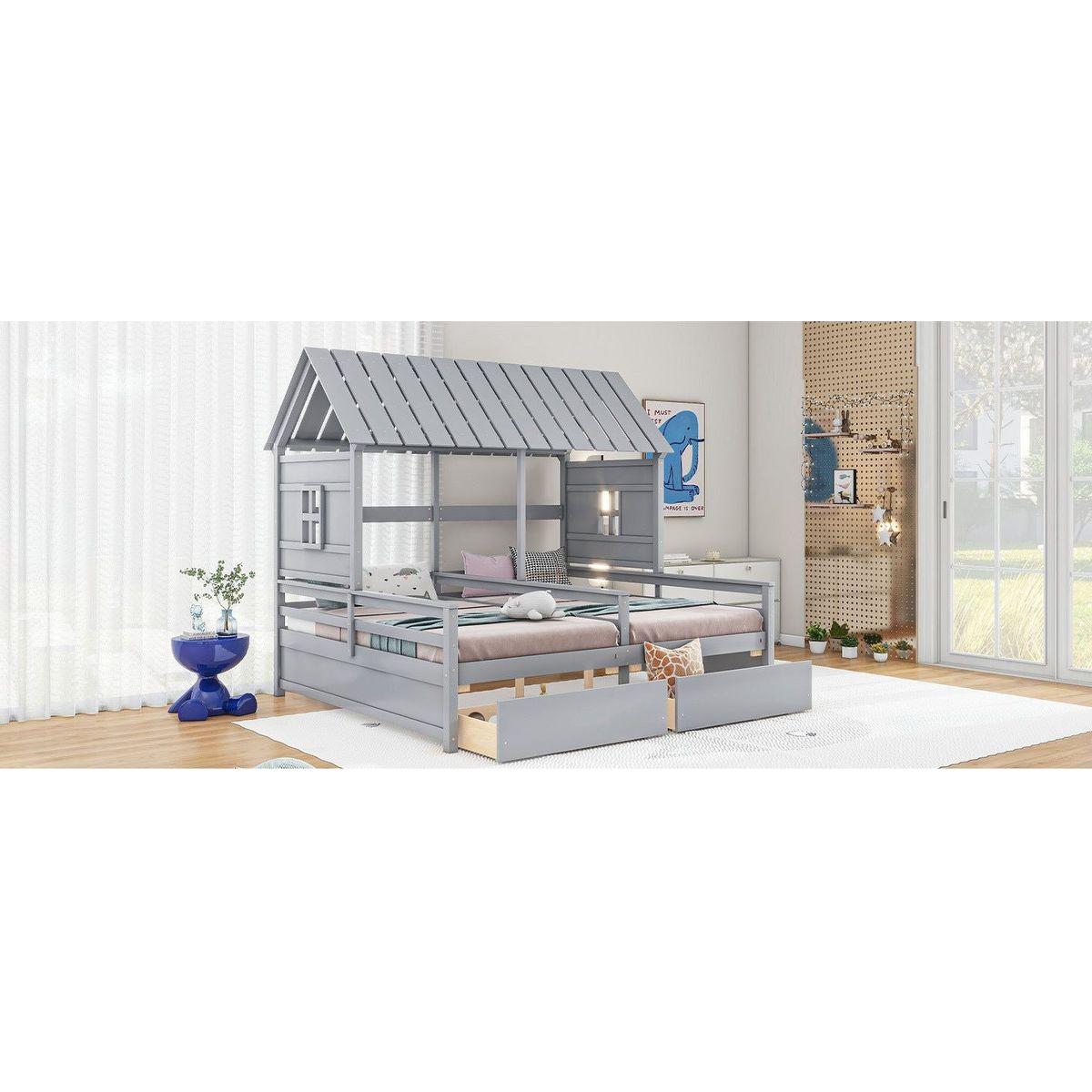 Twin Size House Platform Beds with Two Drawers for Boy and Girl Shared Beds, Combination of 2 Side by Side Twin Size Beds, Gray
