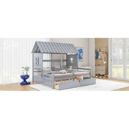 Twin Size House Platform Beds with Two Drawers for Boy and Girl Shared Beds, Combination of 2 Side by Side Twin Size Beds, Gray