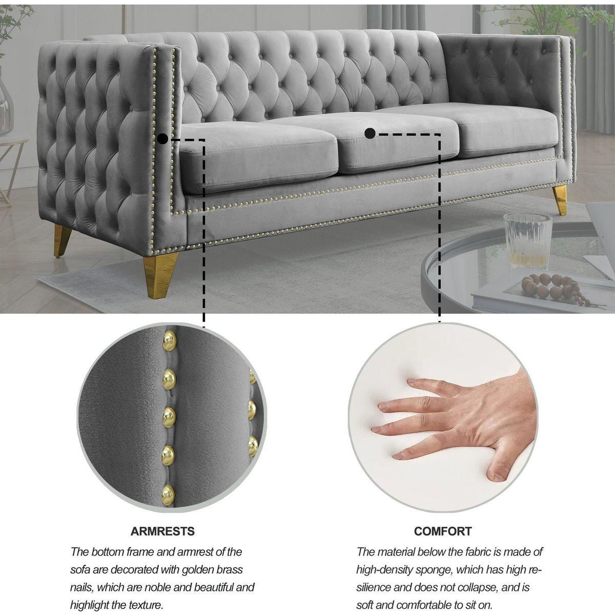Velvet Sofa for Living Room,Buttons Tufted Square Arm Couch, Modern Couch Upholstered Button and Metal Legs, Sofa Couch for Bedroom, Grey Velvet .2PCS