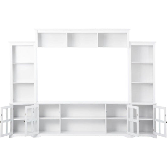 Minimalism Style Entertainment Wall Unit with Bridge, Modern TV Console Table for TVs Up to 70", Multifunctional TV Stand with Tempered Glass Door, White