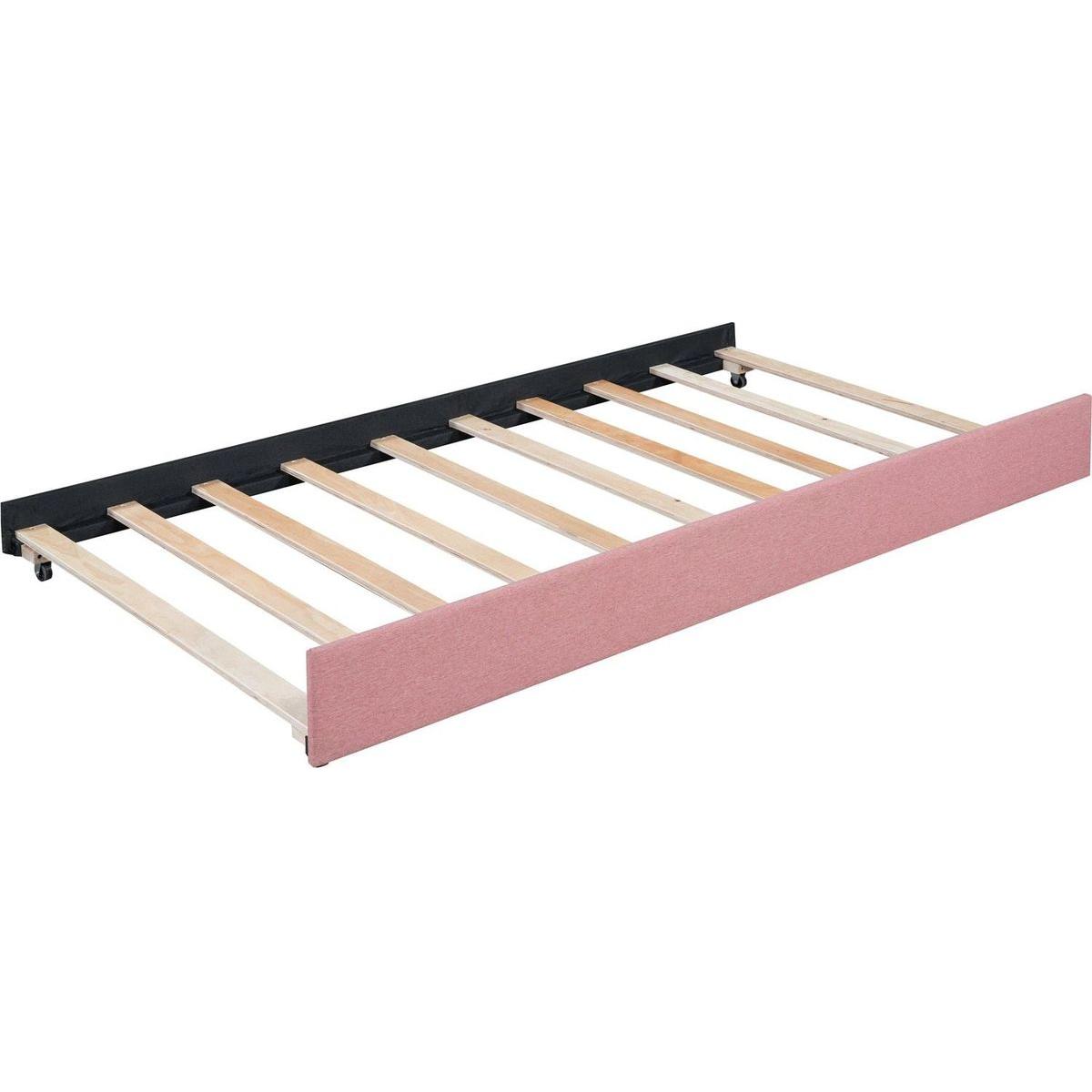Upholstered Daybed with Trundle Twin Size Sofa Bed Frame No Box Spring Needed, Linen Fabric(Pink)